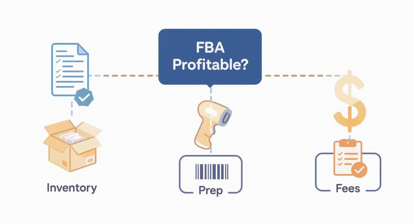 Diagram illustrating factors determining Amazon FBA profitability, including inventory, prep, and fees.