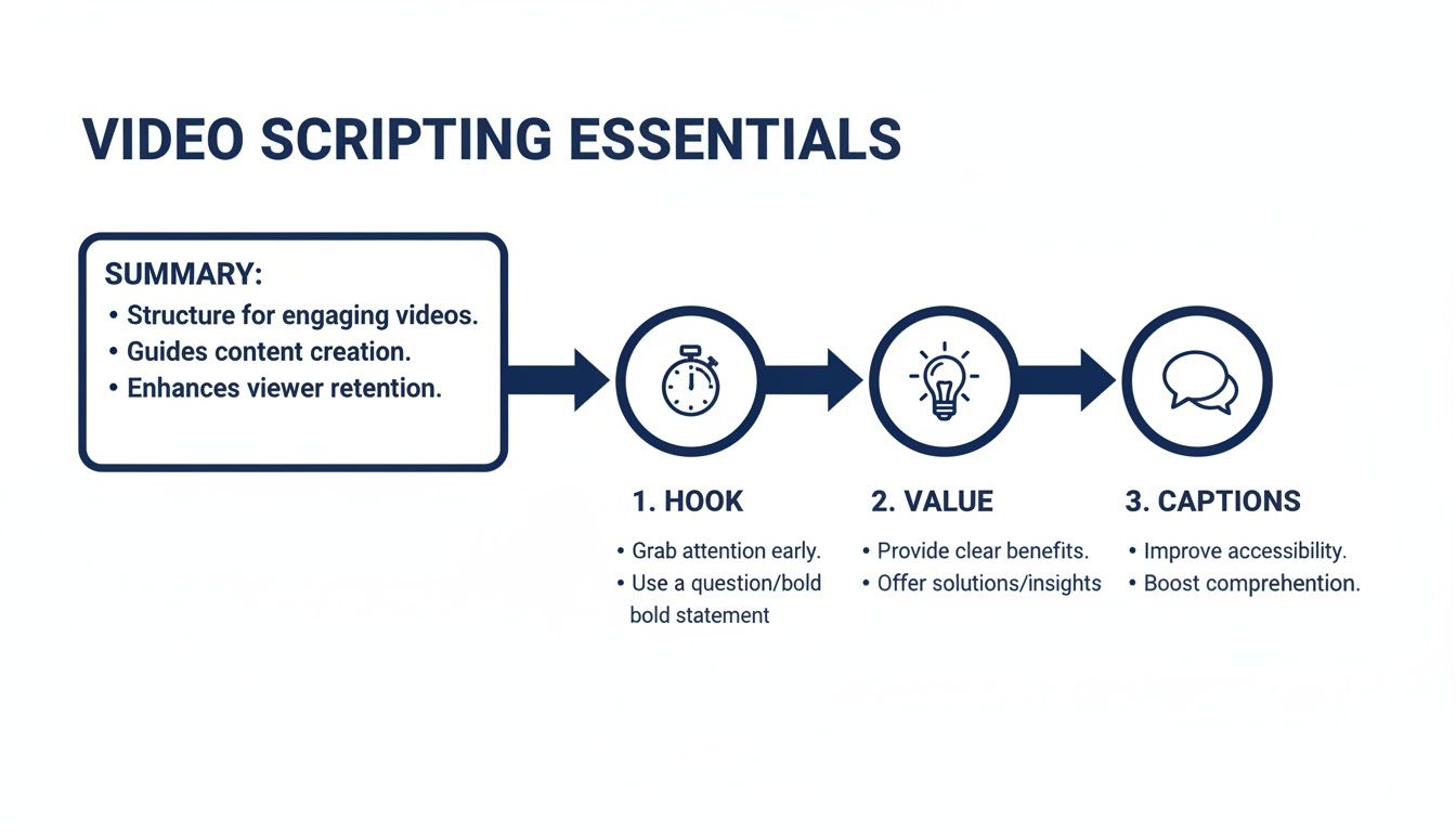Infographic on video scripting essentials, outlining summary and three key steps: Hook, Value, and Captions.