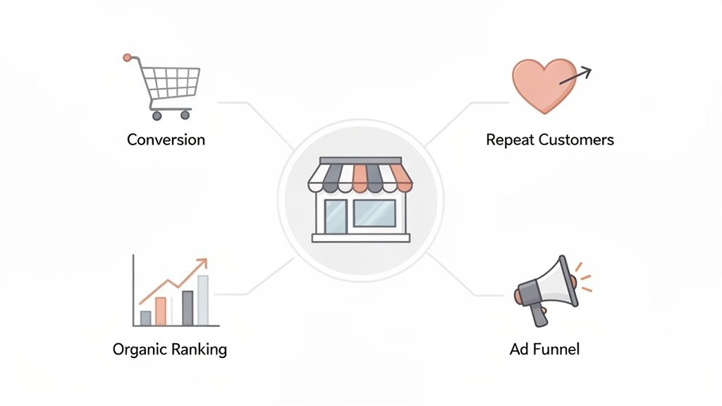A diagram with a store icon at the center, surrounded by concepts like conversion, repeat customers, organic ranking, and ad funnel.
