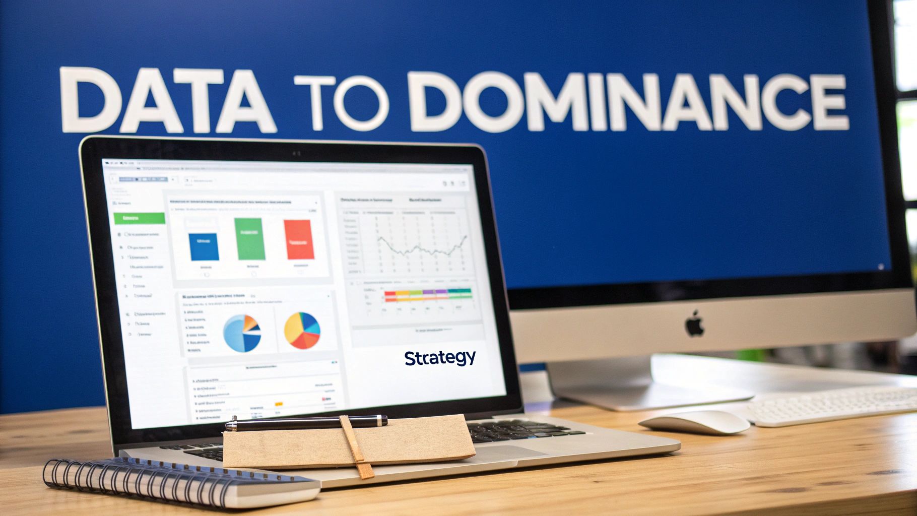 A laptop displaying data strategy dashboards and charts, with 'DATA TO DOMINANCE' on the background wall.