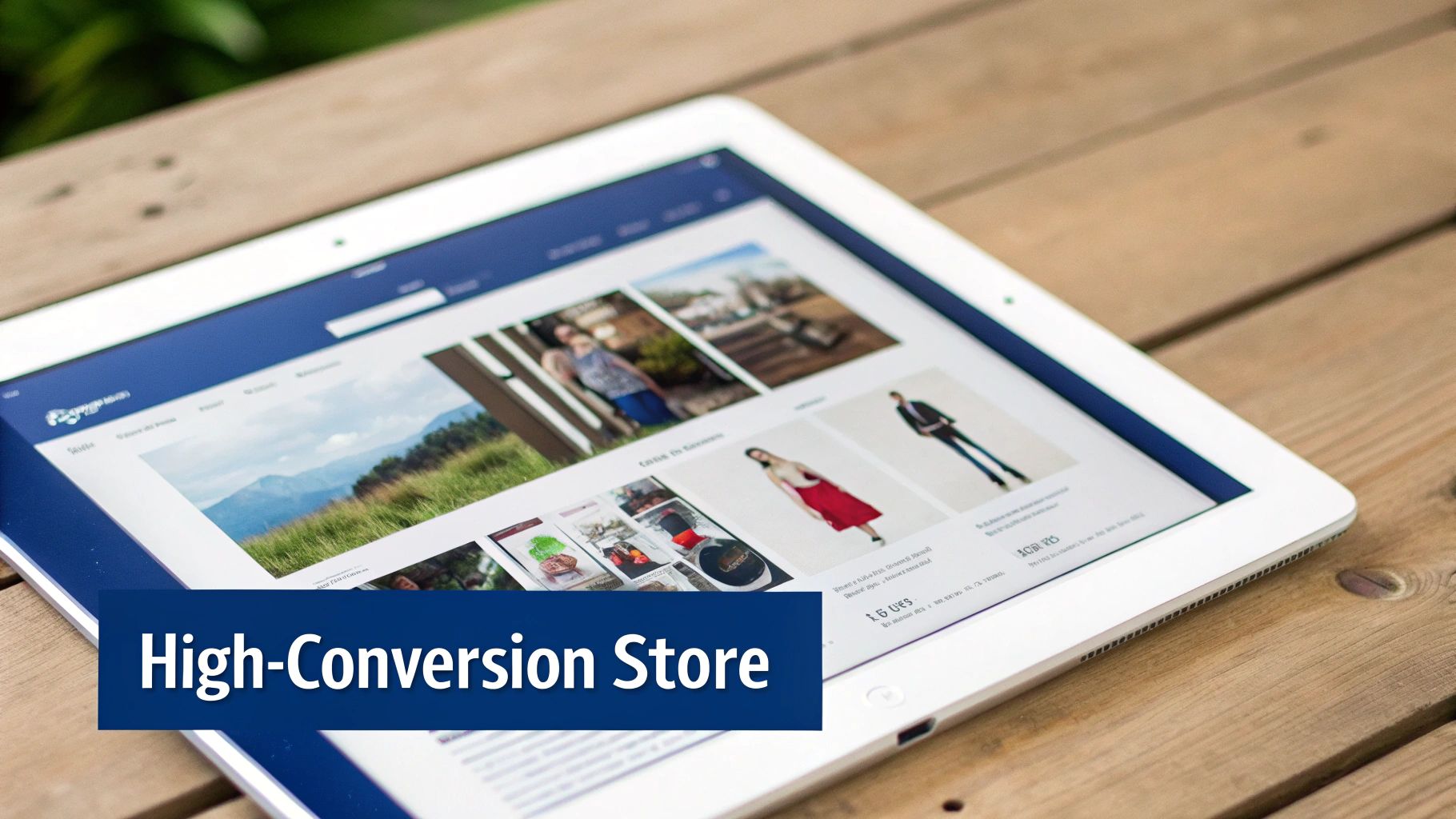 A white iPad displaying an e-commerce website with clothing and landscapes, resting on a wooden table. A blue banner says "High-Conversion Store."