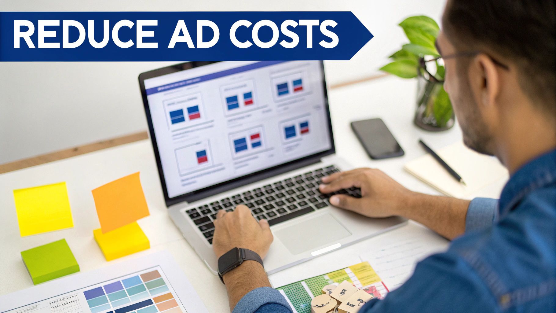 Man analyzing ad performance data on a laptop to optimize campaigns and reduce ad costs.