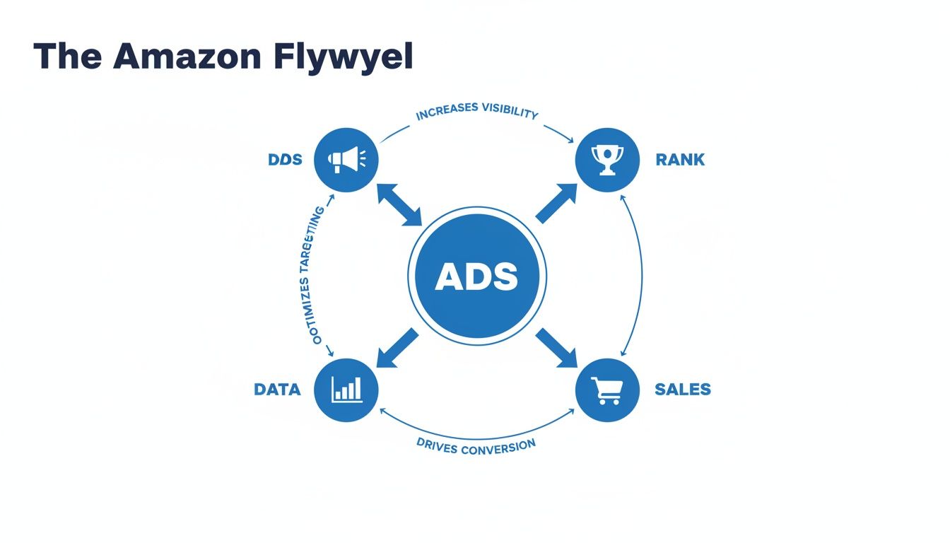 Diagram illustrating the Amazon Flywheel, showing Ads at the center, connecting DDS, Rank, Sales, and Data.