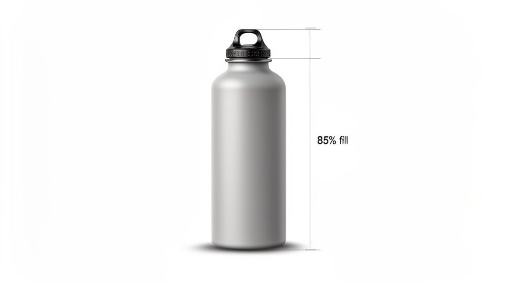 A sleek silver-grey water bottle with a black loop lid, showing an 85% fill line.