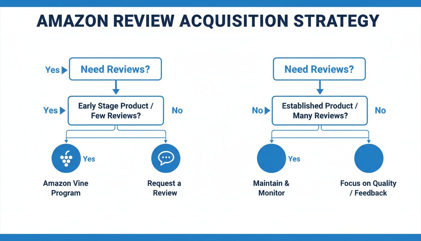 Flowchart illustrating Amazon review acquisition strategy based on product stage and review needs.