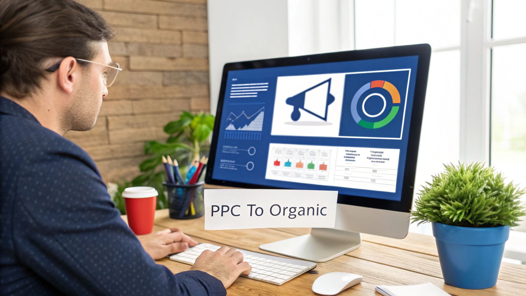 Digital marketer analyzing PPC to organic marketing strategy dashboard with graphs and analytics data