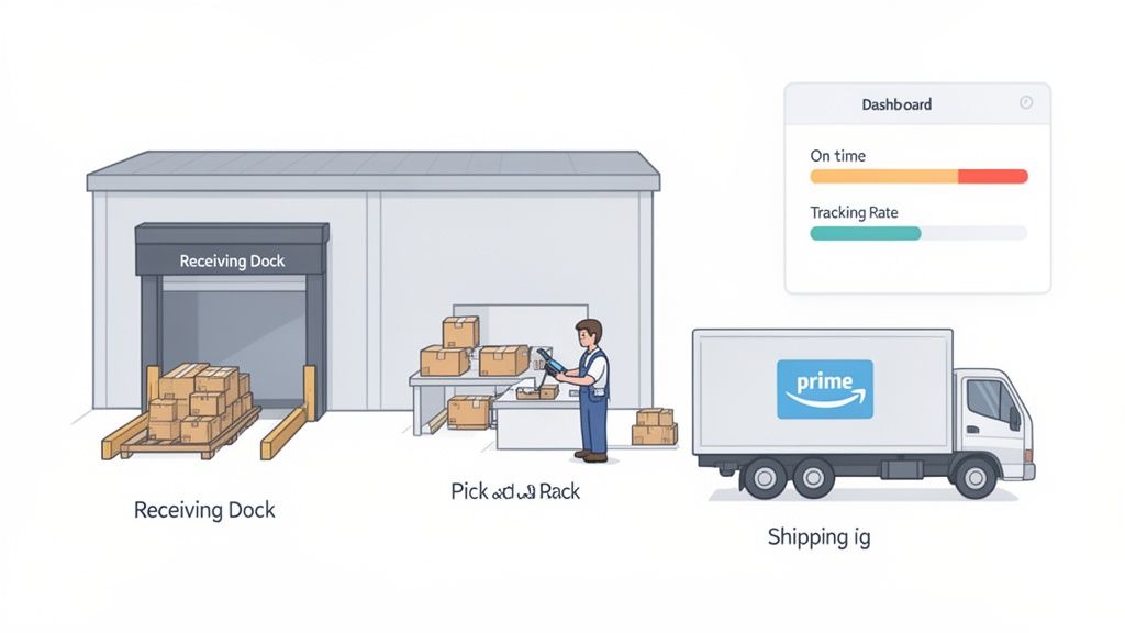 Illustration of a warehouse fulfillment process: receiving dock, packing station, and Prime delivery truck.