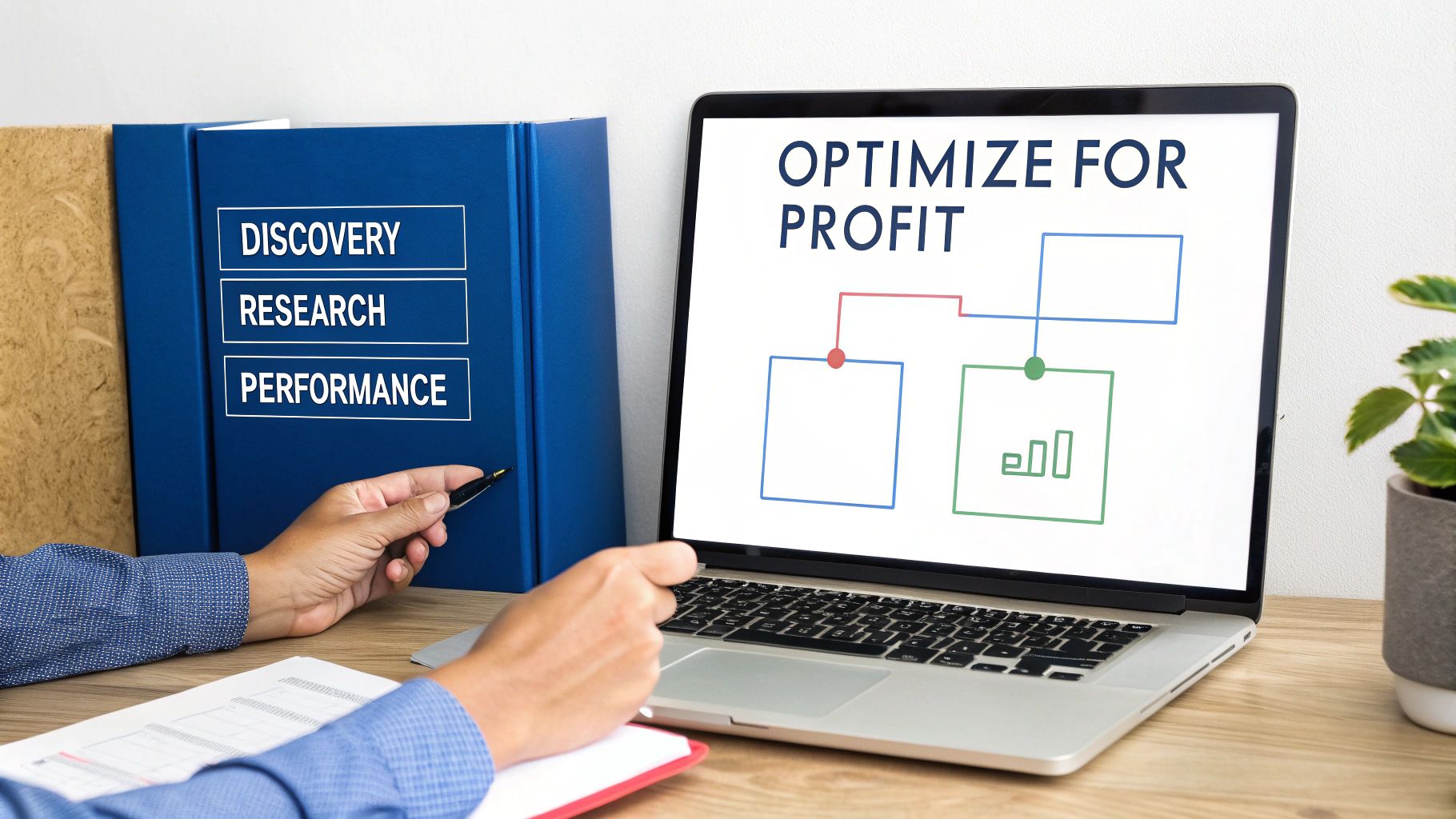 Business professional analyzing profit optimization flowchart on laptop for performance discovery and research strategy