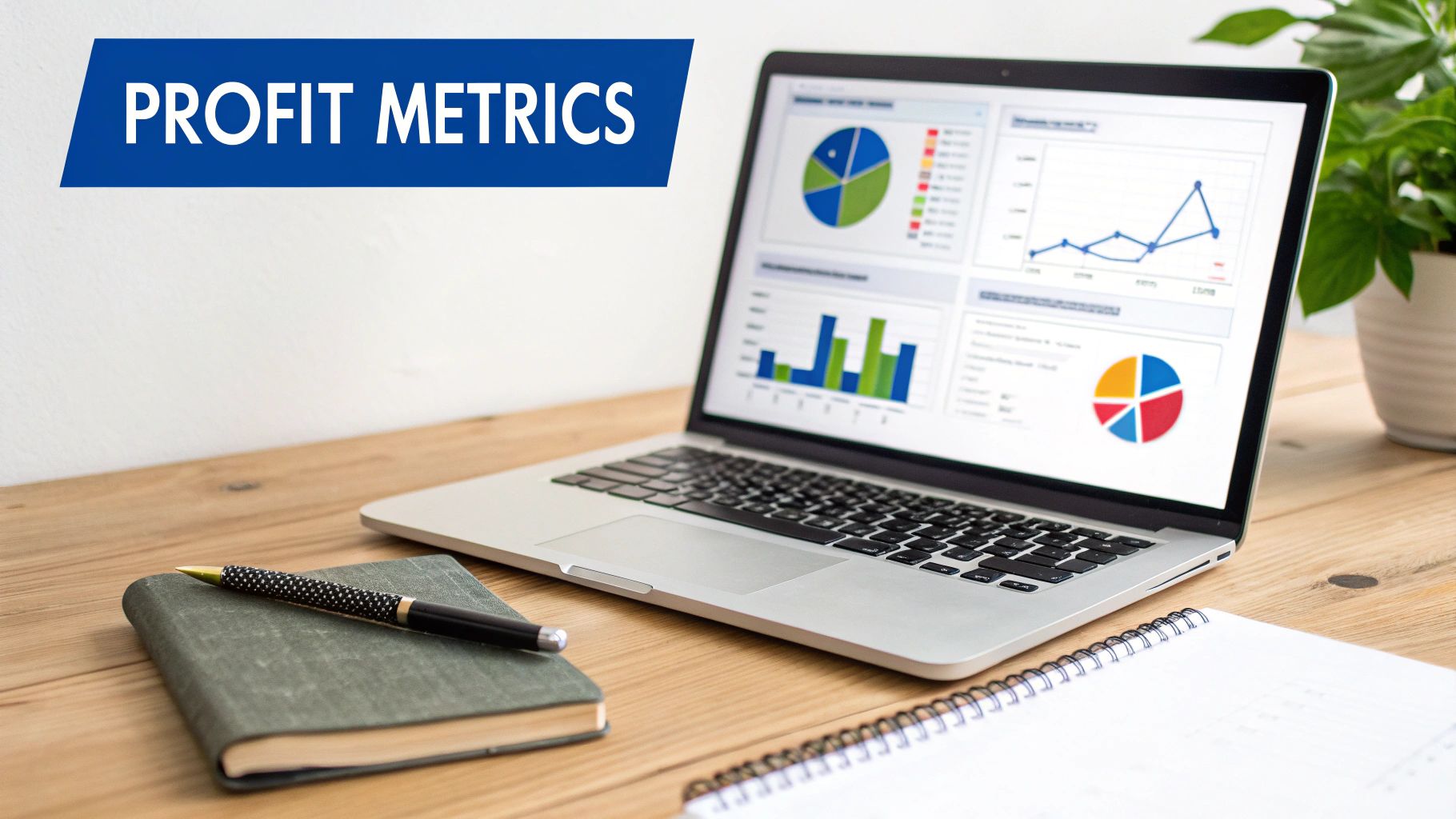 Laptop displaying profit metrics dashboard with colorful charts and graphs on wooden desk