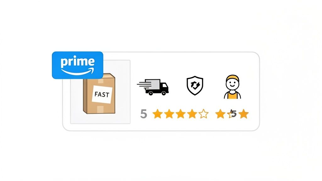 An Amazon Prime package labeled FAST, with icons for delivery, returns, and customer service, showing high ratings.