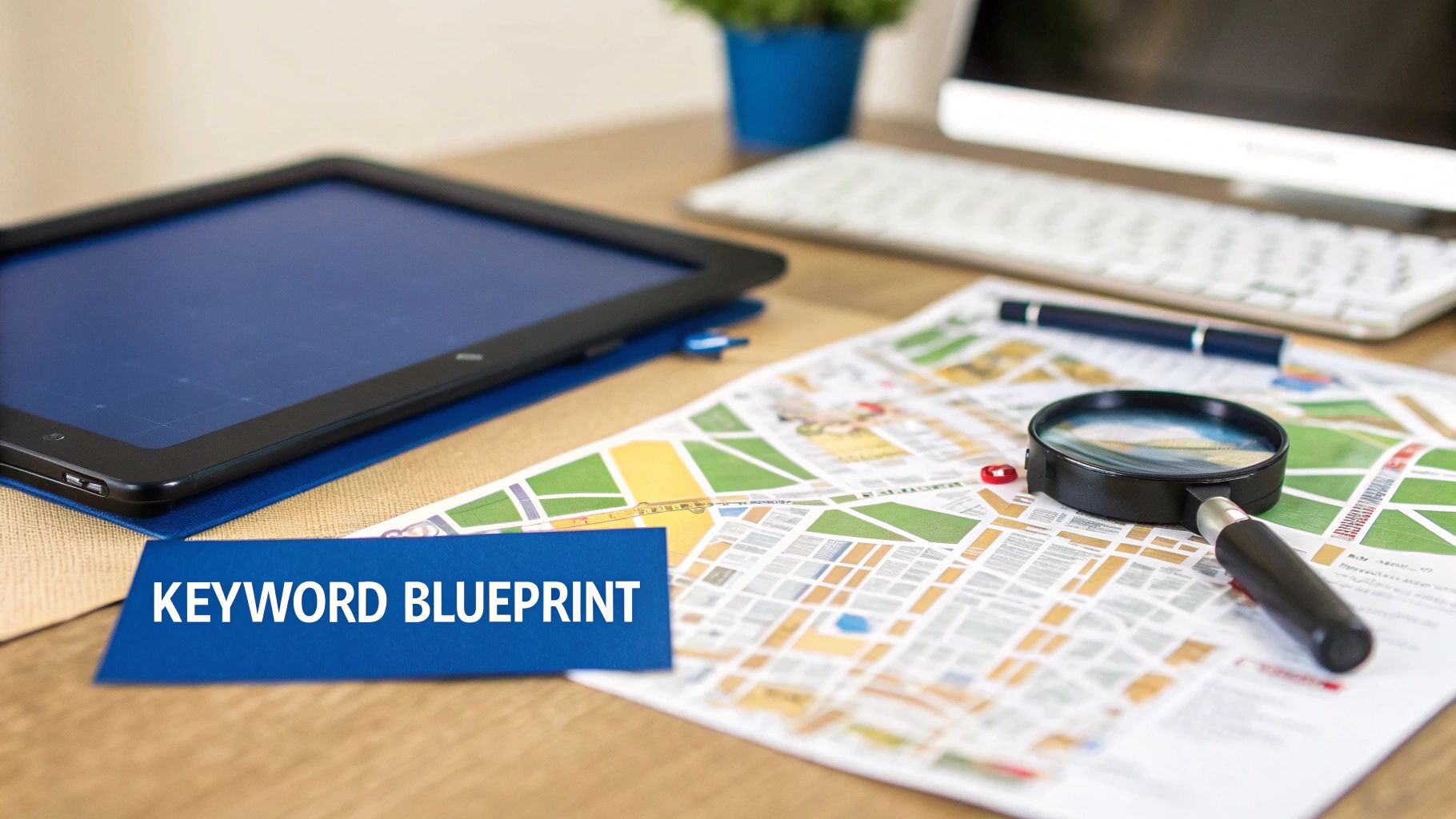 A desk with a tablet, map, magnifying glass, pen, and a card reading 'KEYWORD BLUEPRINT'.