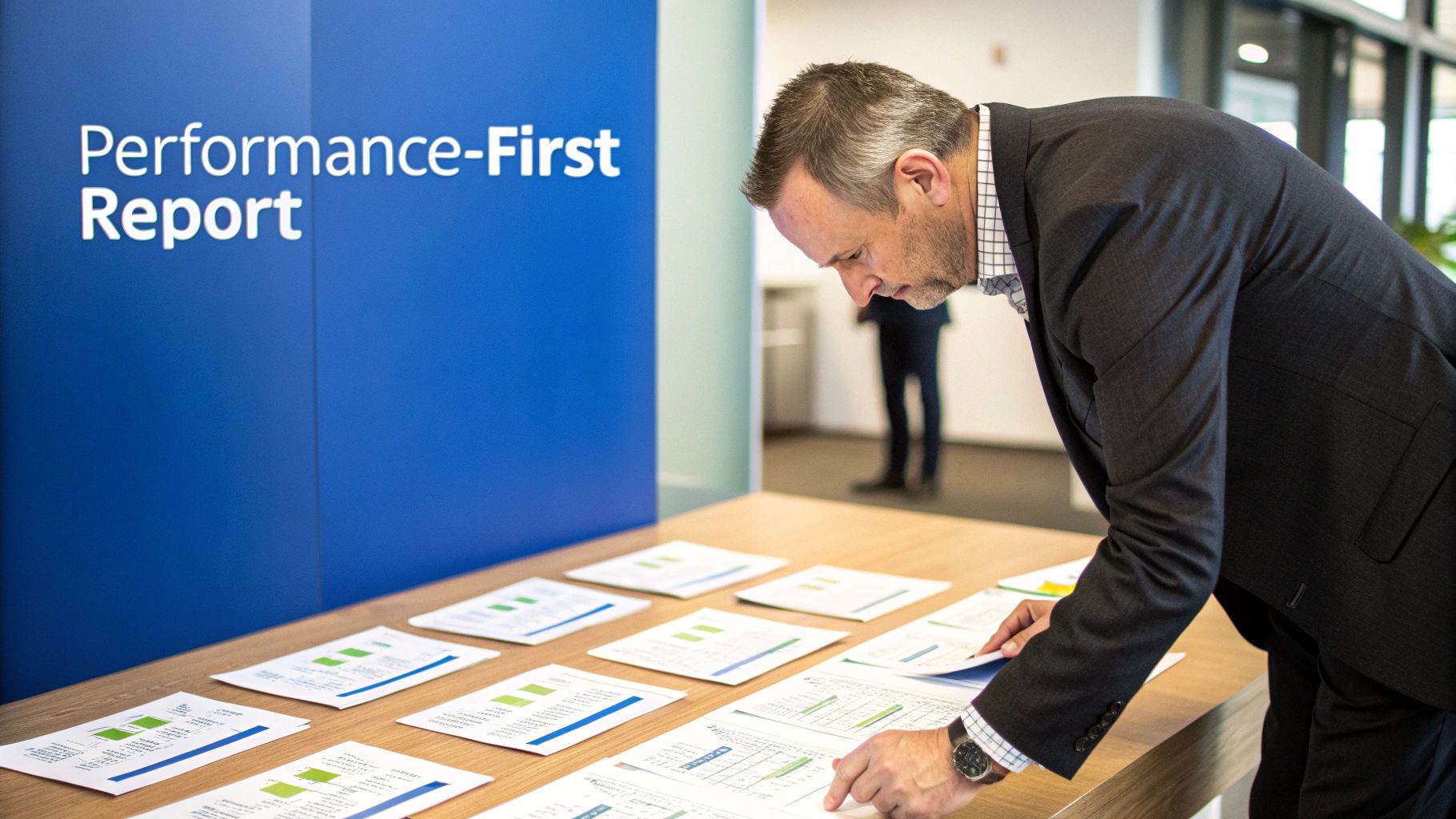 A business leader presenting a clean, data-rich performance dashboard in a modern office.