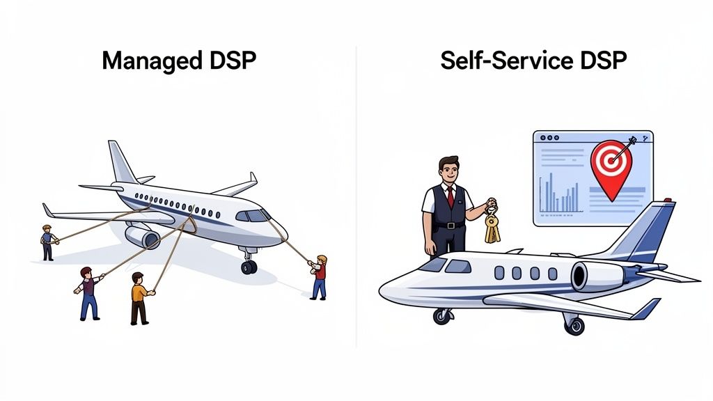Comparison of Managed DSP (multiple people pulling an airplane) versus Self-Service DSP (pilot with keys next to plane and data dashboard).