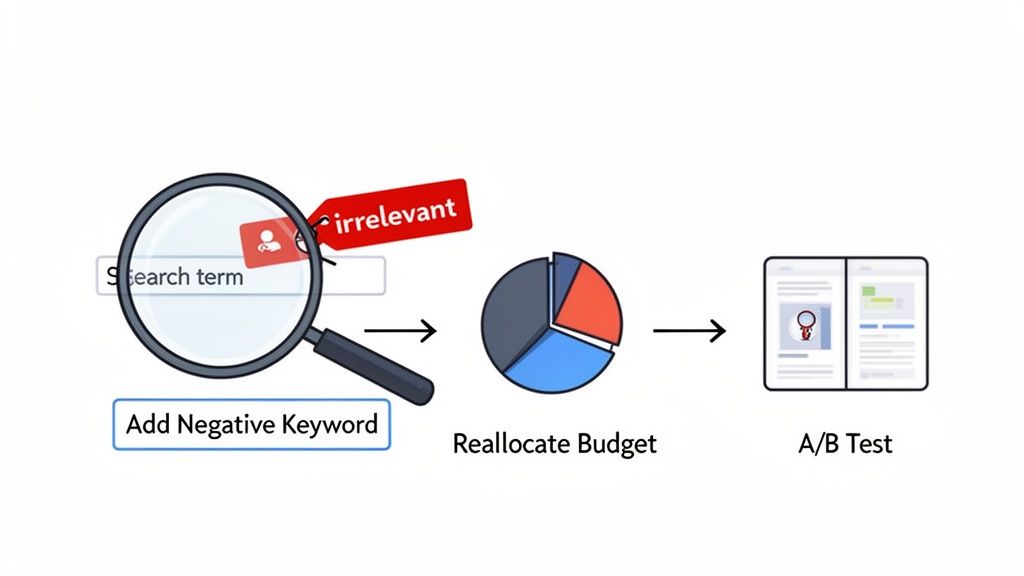 Illustrates PPC campaign optimization steps: identifying irrelevant search terms, adding negative keywords, reallocating budget, and A/B testing.