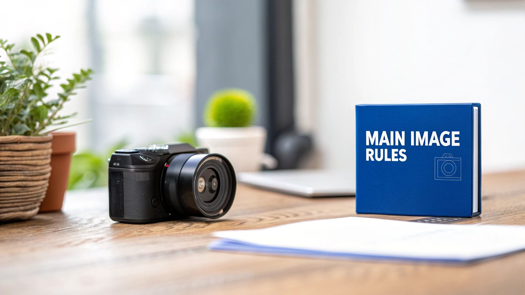 A black mirrorless camera next to a blue book 'MAIN IMAGE RULES' on a wooden desk.