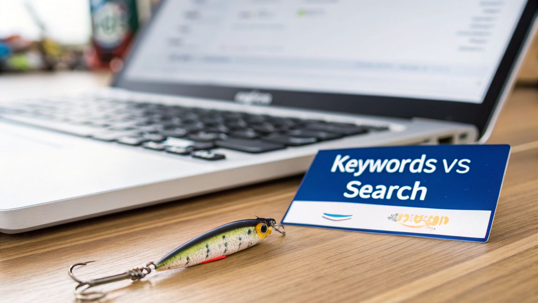 A fishing lure and a blue card labeled 'Keywords vs Search' next to an open laptop on a wooden desk, symbolizing SEO strategy.