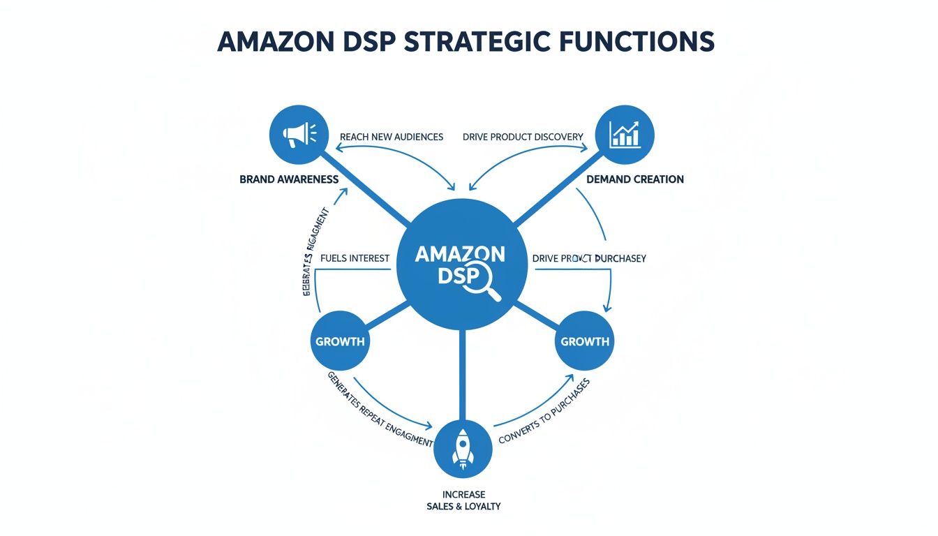 Diagram illustrating Amazon DSP's strategic functions, connecting brand awareness, demand creation, growth, and increased sales.