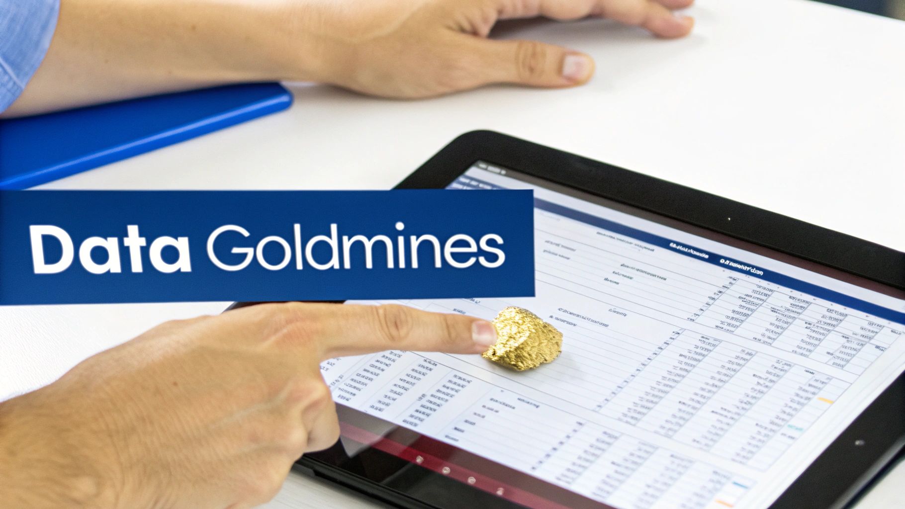 A person's hands interacting with a tablet displaying data, next to a gold nugget and a 'Data Goldmines' banner.