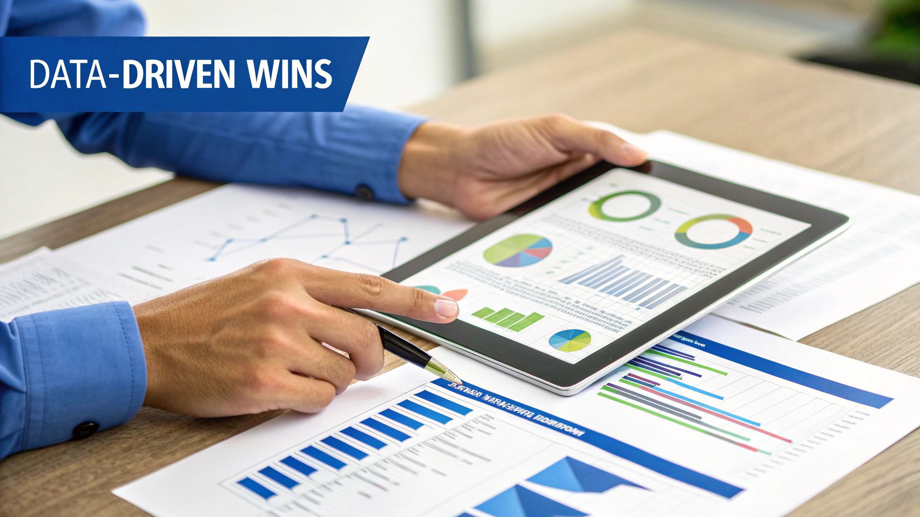 Person analyzing charts and graphs on a tablet and papers, symbolizing data-driven wins.