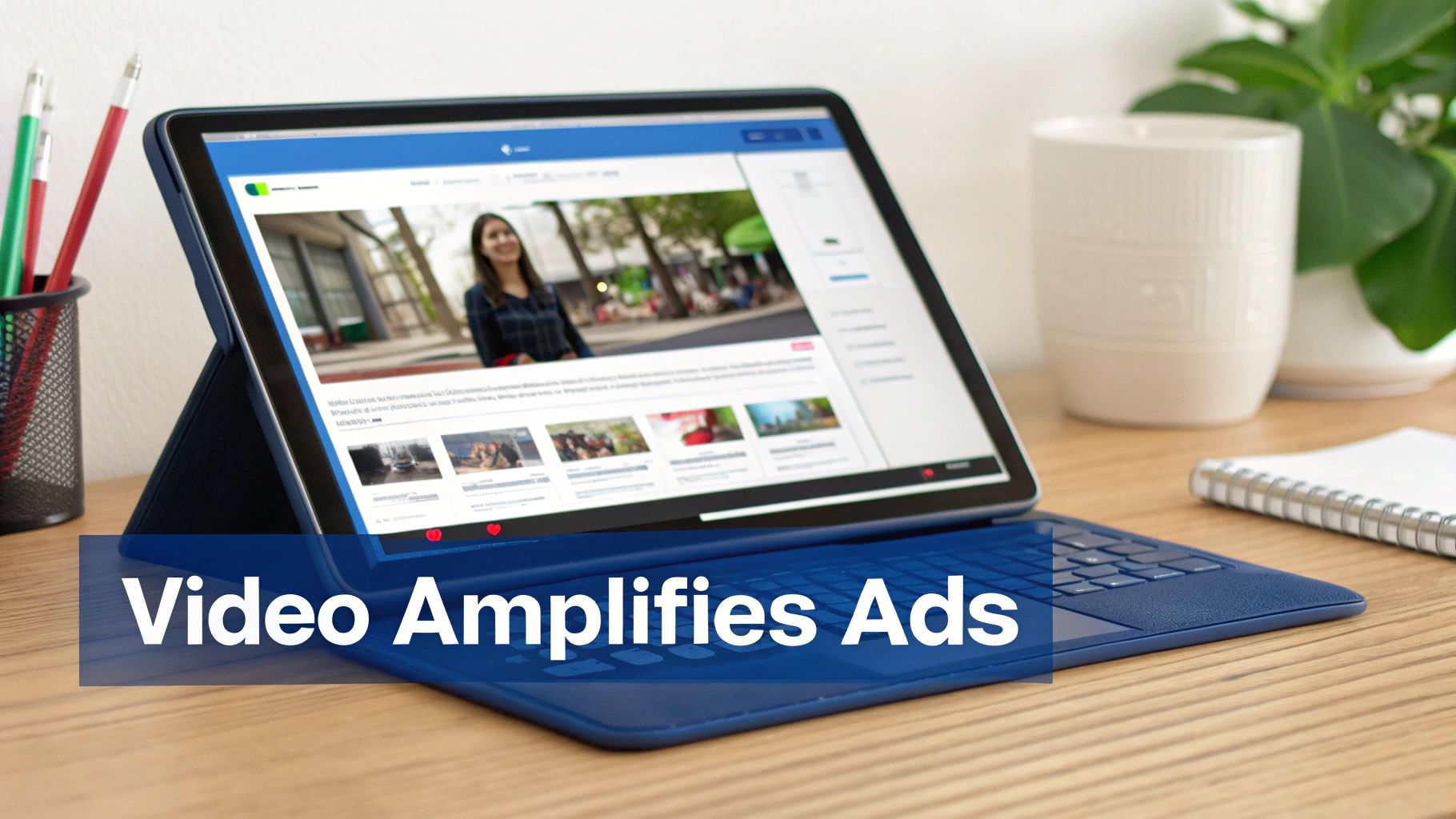 A tablet on a wooden desk displays a website with a video, featuring the text 'Video Amplifies Ads'.