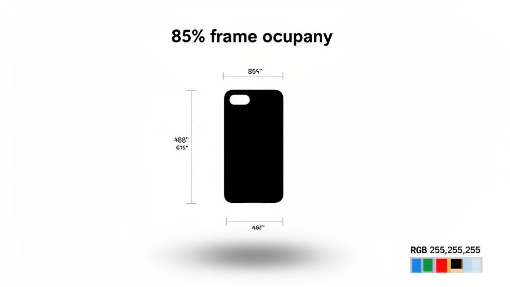 Black smartphone case with dimensions and 85% frame occupancy, including a color palette.