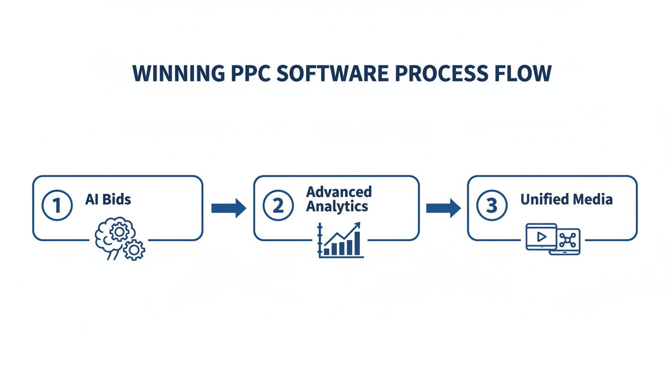 A process flow diagram illustrating three steps for winning PPC software: AI Bids, Advanced Analytics, and Unified Media.