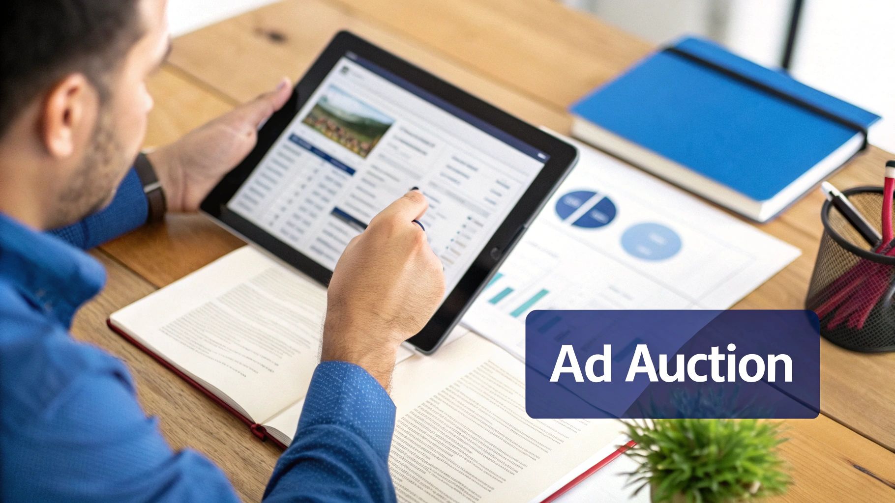 A person analyzing charts and graphs related to Amazon advertising costs on a tablet, symbolizing a data-driven approach to budget planning.