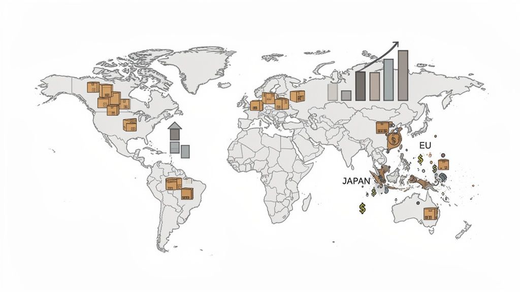 World map illustrating global trade routes and economic activity with boxes, currency symbols, and growth charts.
