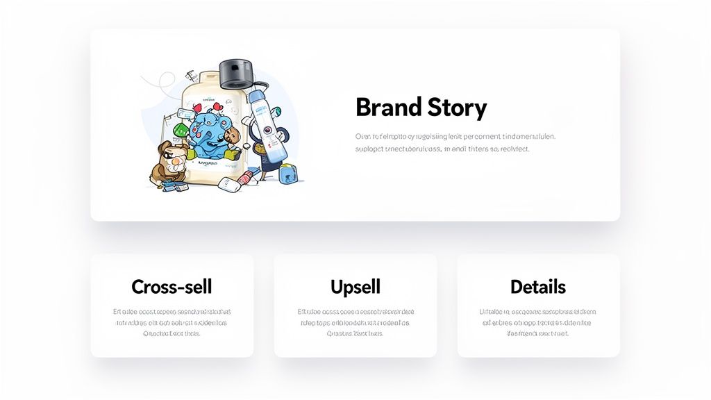 Webpage layout featuring a brand story illustration, cross-sell, upsell, and product details cards.