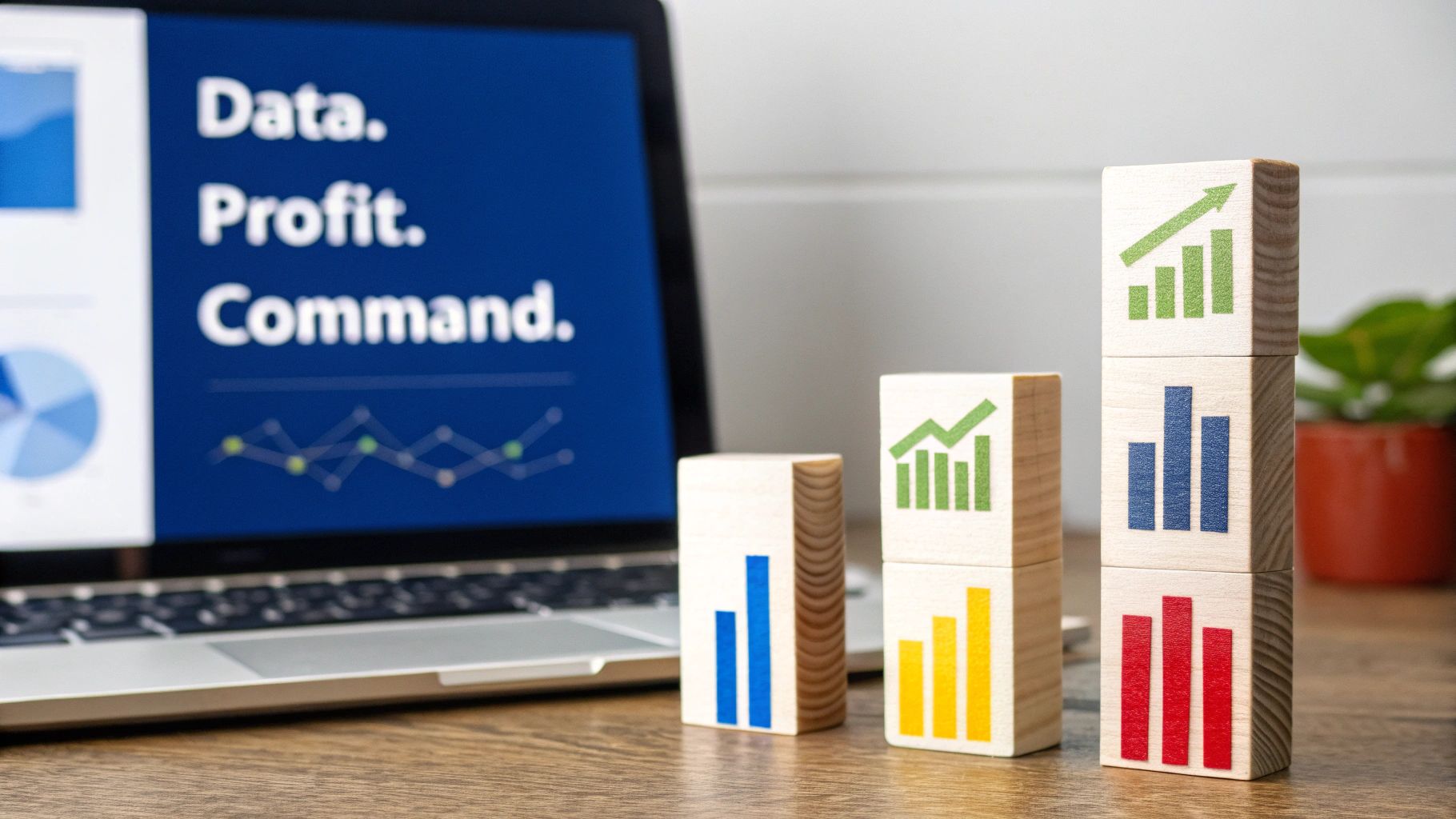 A laptop screen displays 'Data. Profit. Command.' alongside wooden blocks illustrating business growth charts.