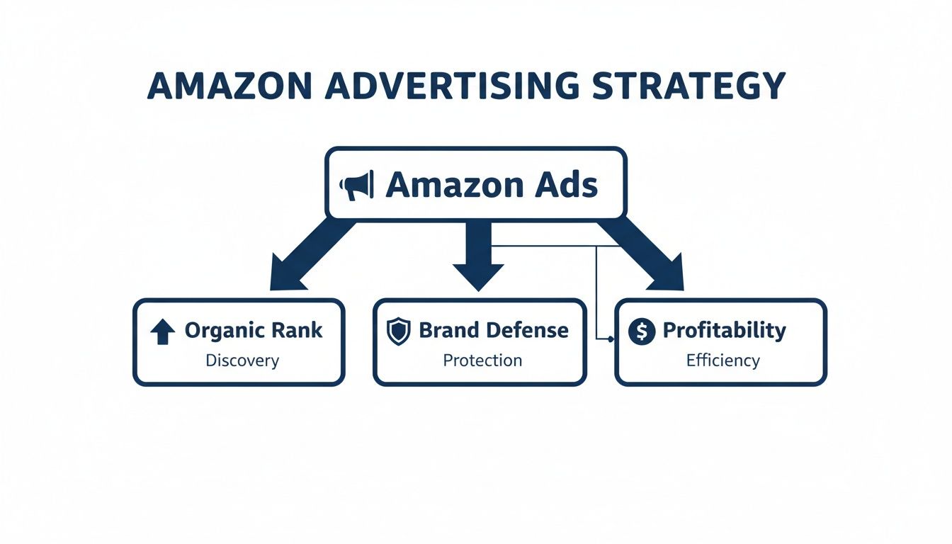 Diagram illustrating Amazon Advertising Strategy goals: Organic Rank (Discovery), Brand Defense, and Profitability.