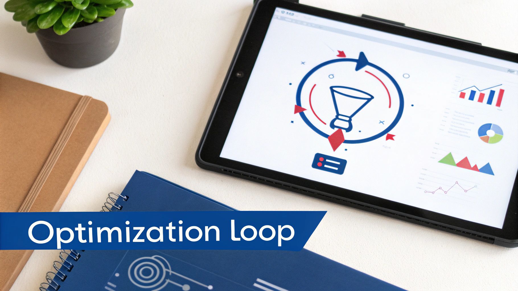 A tablet displaying an optimization loop diagram with a funnel icon and data charts, next to notebooks and a plant.