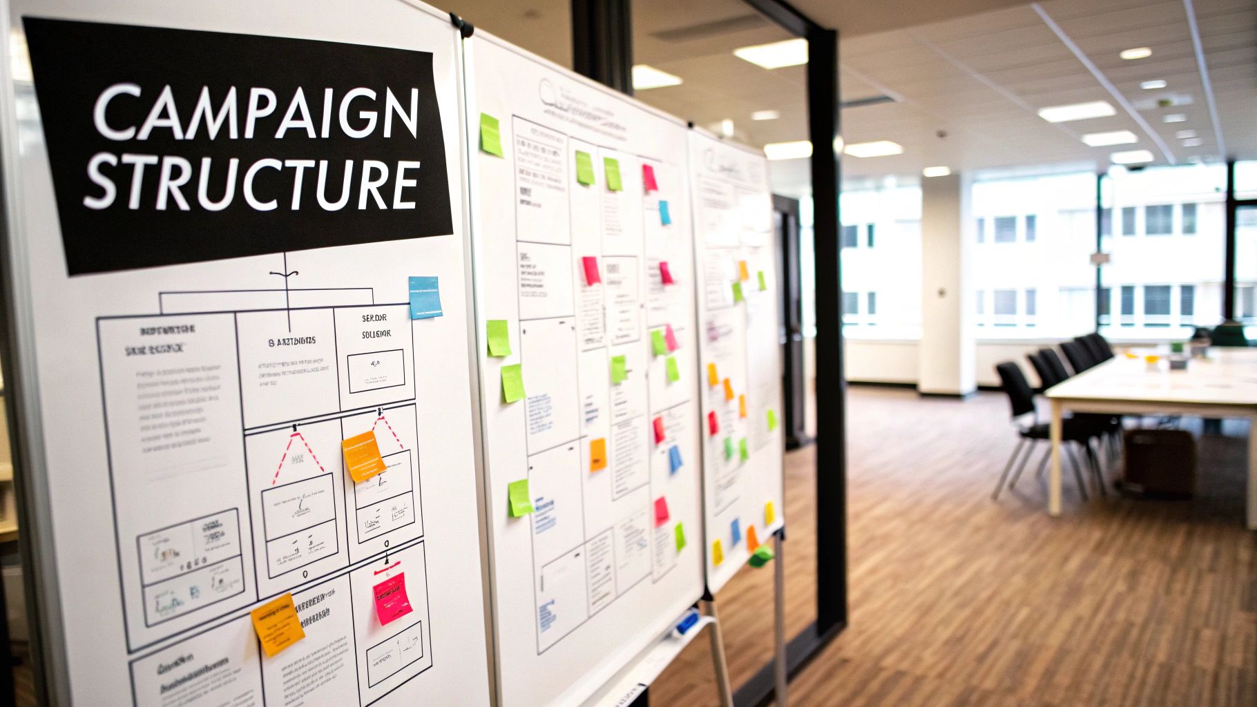 Infographic detailing a hierarchical Amazon campaign structure, starting from a portfolio, branching into Sponsored Products, Sponsored Brands, and Sponsored Display, and then into individual campaigns and ad groups.