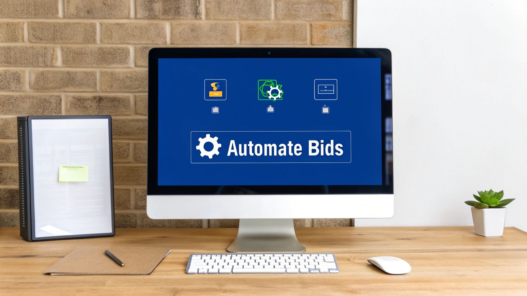 A desktop computer screen displays 'Automate Bids' with a gear icon on a wooden office desk.