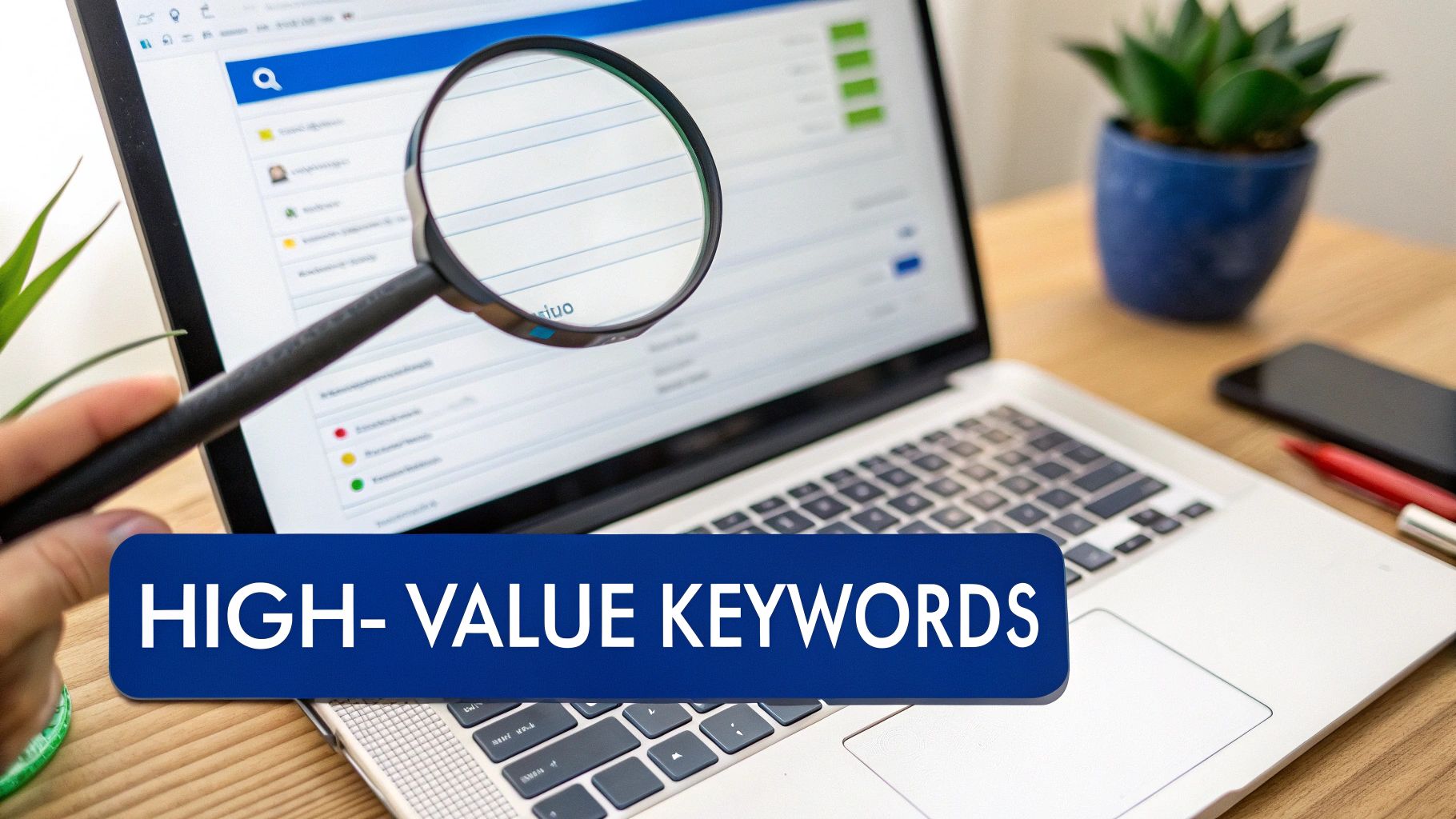 A hand holds a magnifying glass over a laptop screen showing a list of high-value keywords.