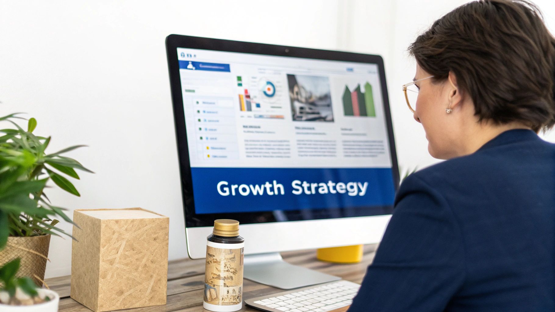 A businesswoman reviews a 'Growth Strategy' dashboard on a computer, optimizing business development.
