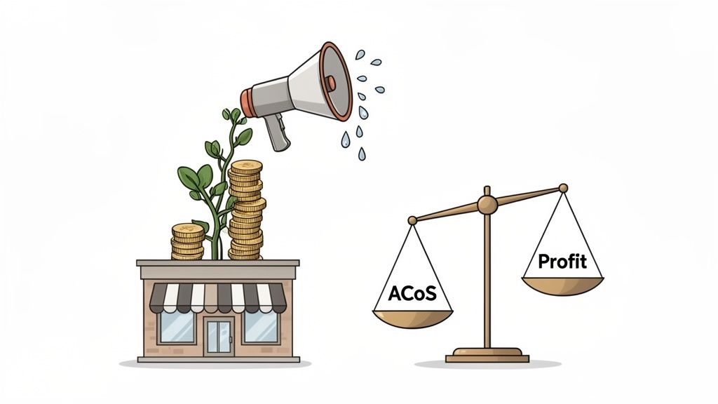An illustration of a business growing money watered by a megaphone, with ACoS outweighing profit on a scale.