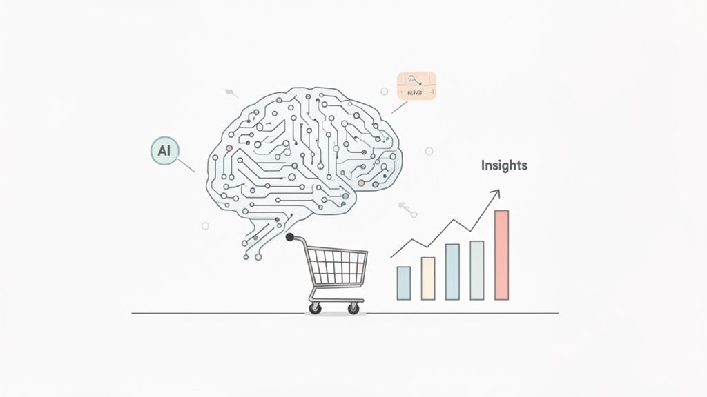 AI-powered brain processing shopping cart data to generate business insights and market trends.