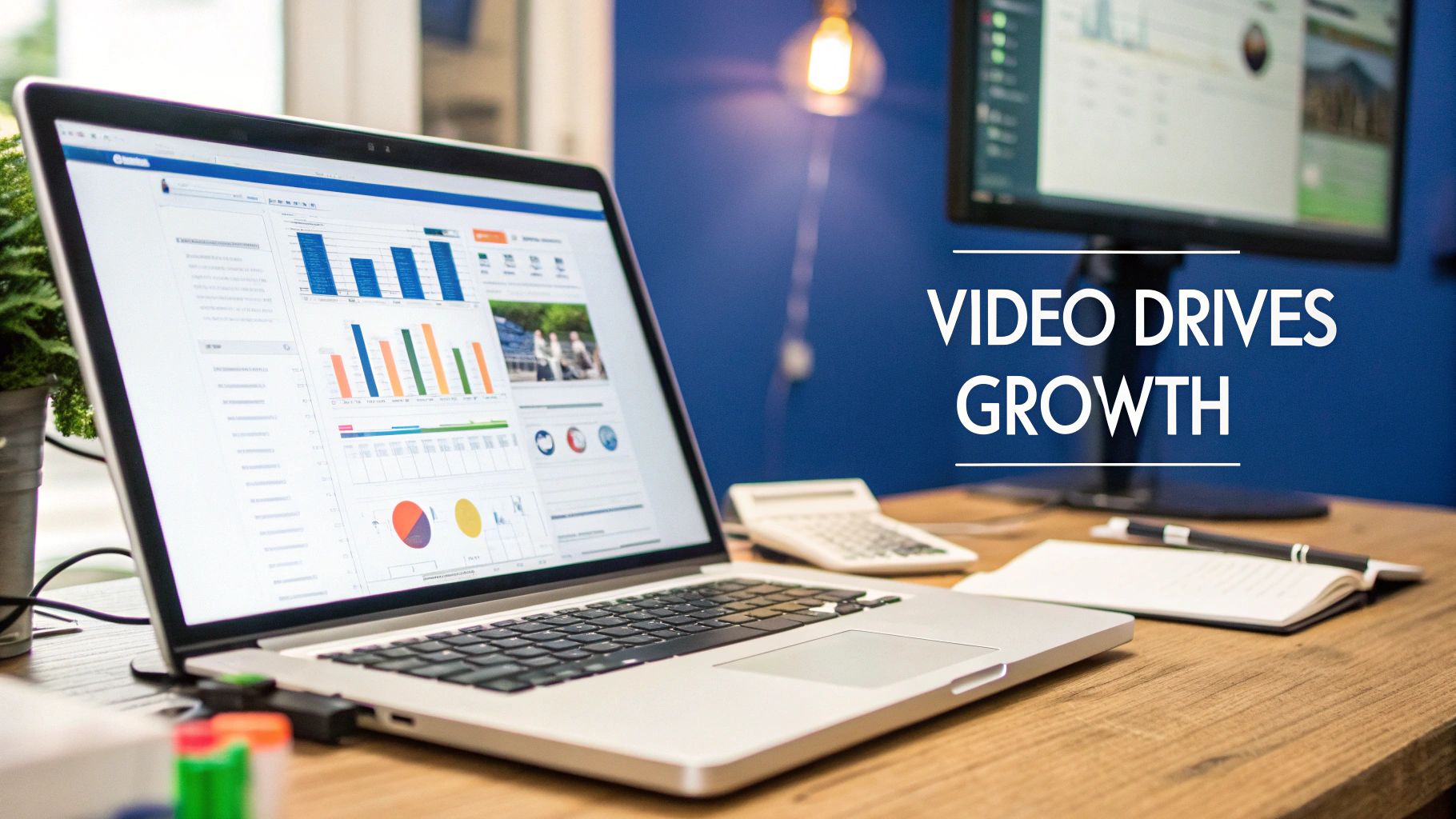 A laptop on a wooden desk displays business analytics charts, with a monitor and 'VIDEO DRIVES GROWTH' text.