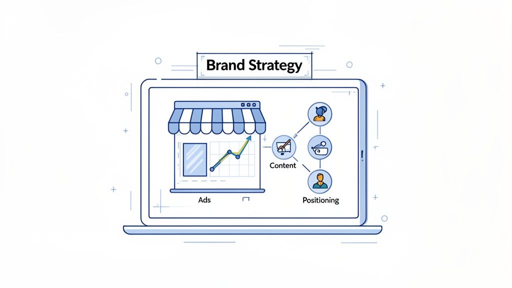 A laptop illustrating brand strategy components: ads, content, and positioning for business growth.
