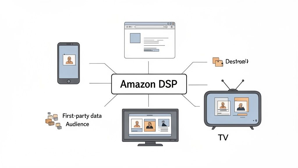 Amazon DSP diagram illustrating connections to devices like smartphones, web browsers, TVs, and data for advertising.