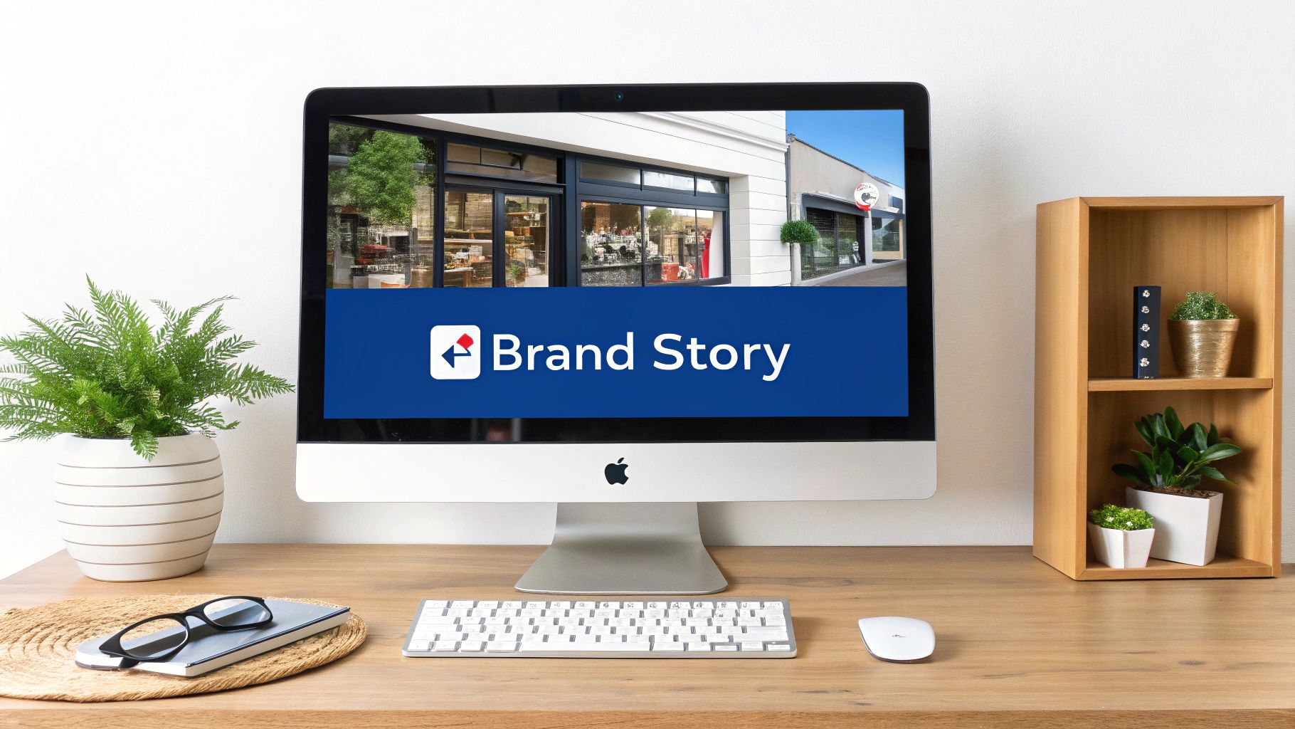 An iMac on a wooden desk displays 'Brand Story' with shop images, surrounded by plants and office supplies.