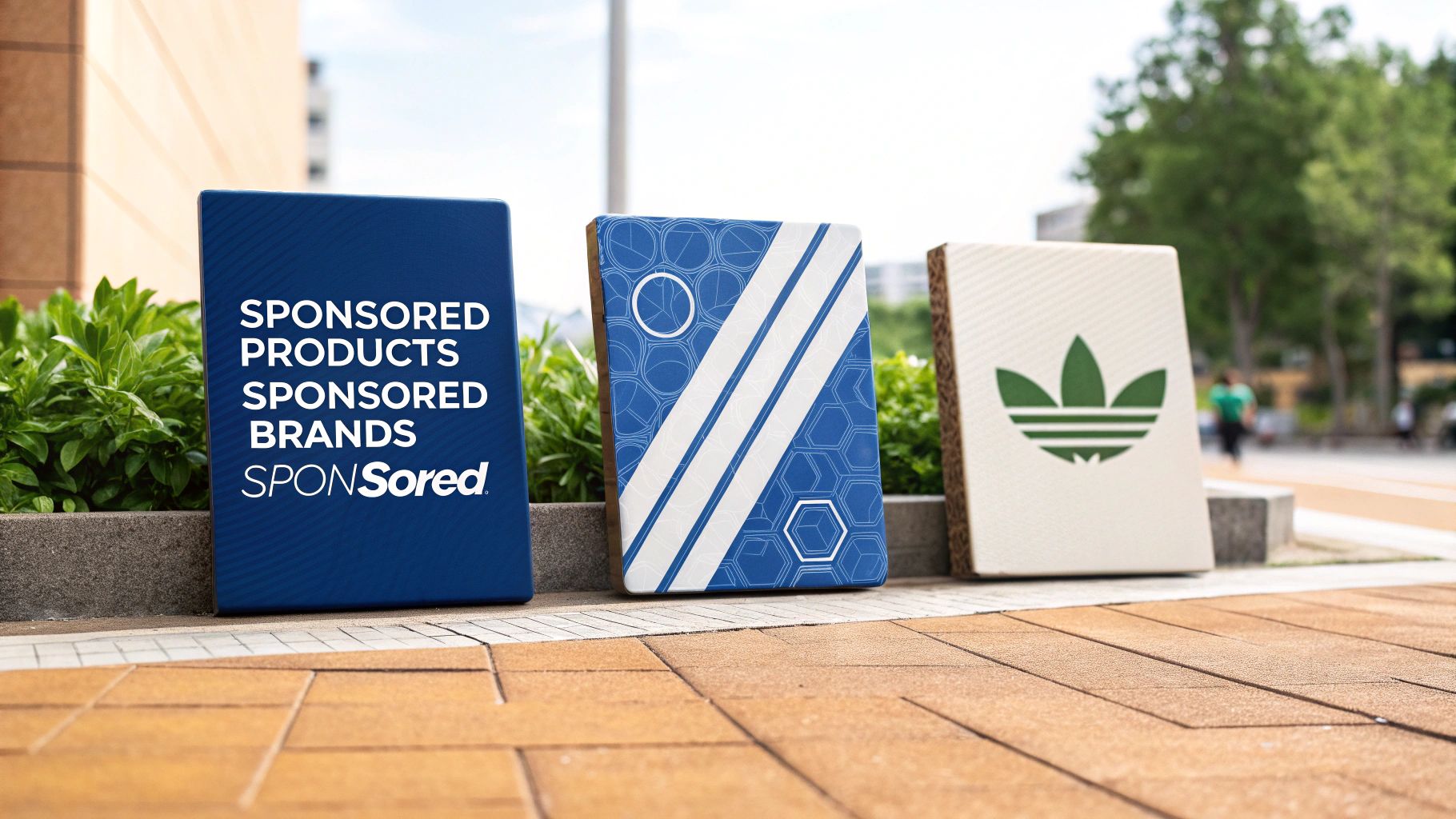Three branded product boxes displaying sponsored products and brands on outdoor urban pavement