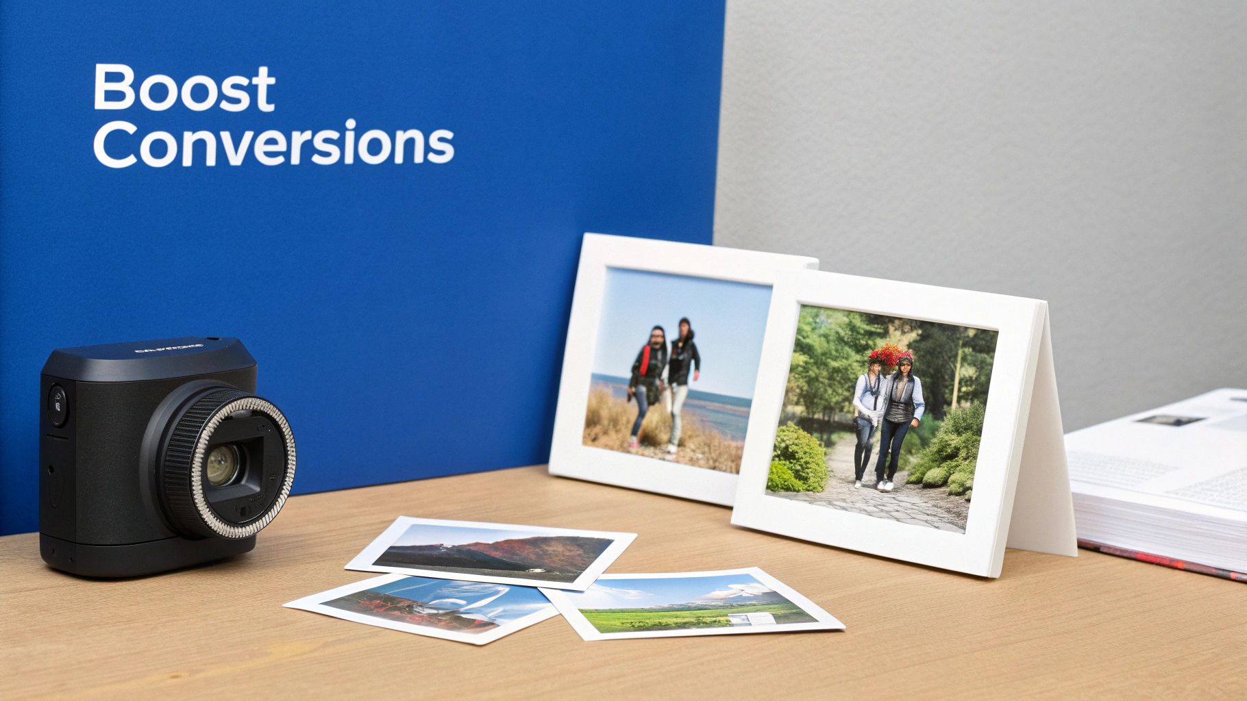 Black camera, framed photos, and prints on a wooden table next to a blue "Boost Conversions" sign.