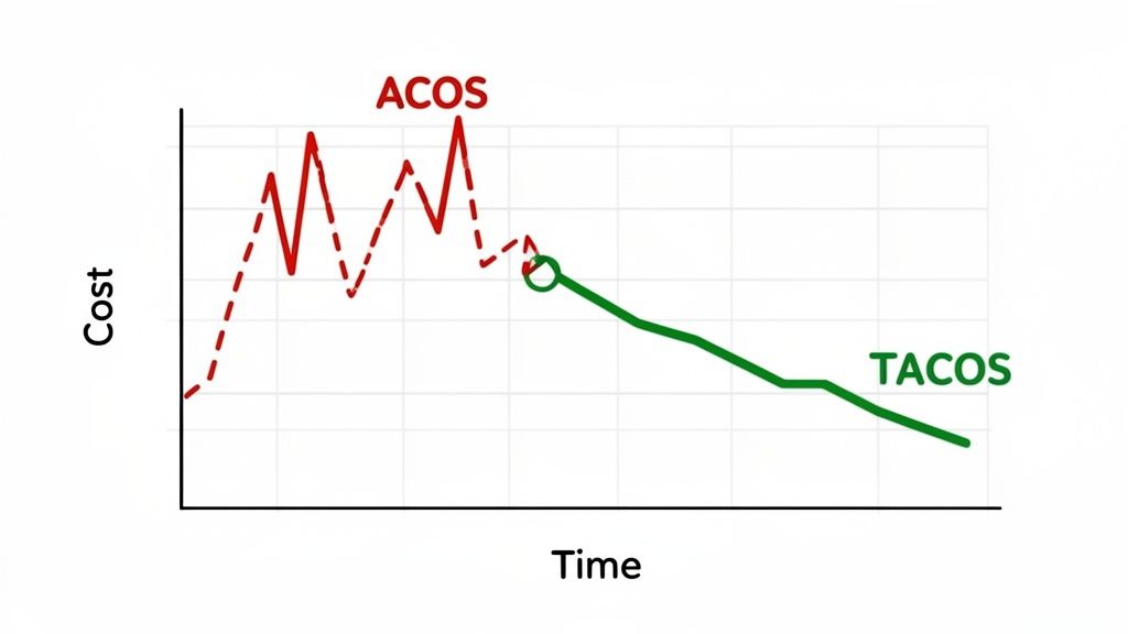 A line graph showing ACOS (red) fluctuating then transitioning to TACOS (green) decreasing over time.