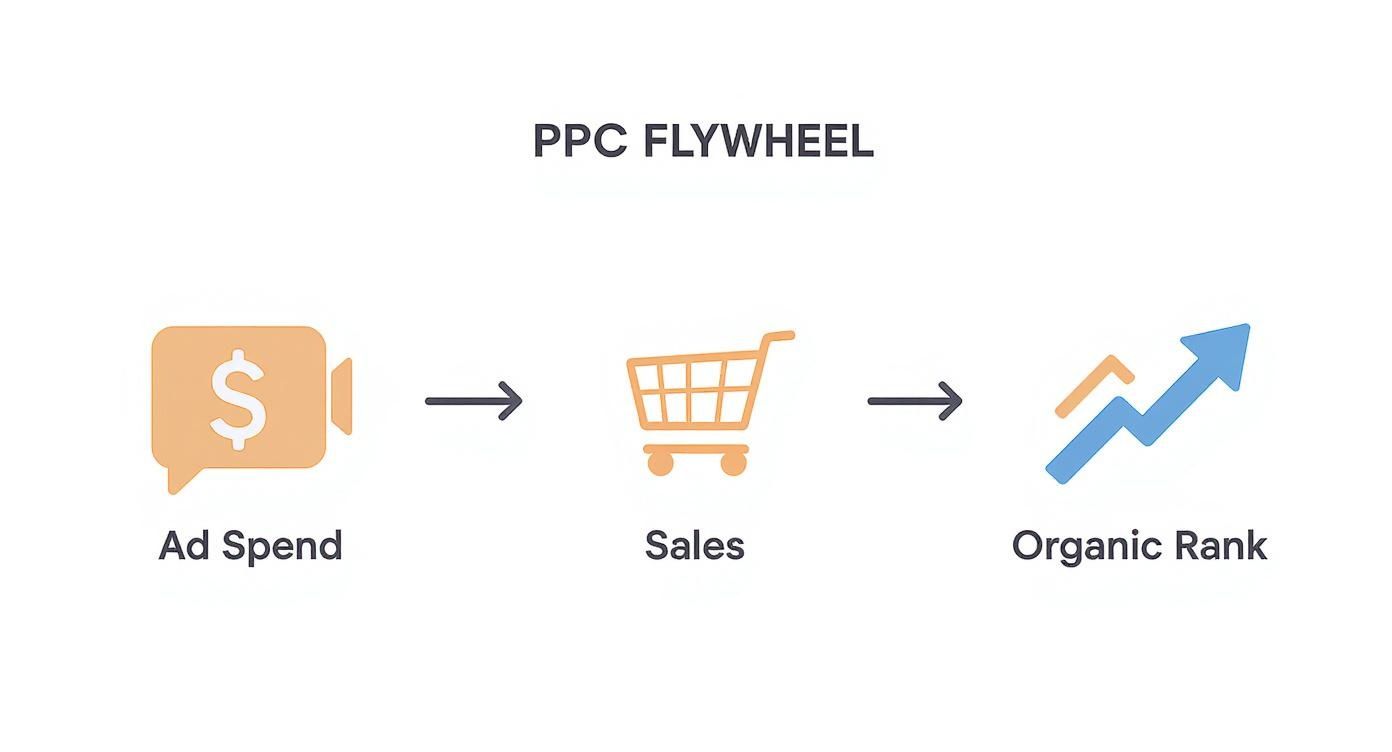 Diagram showing the PPC flywheel where ad spend leads to sales, which improves organic rank.