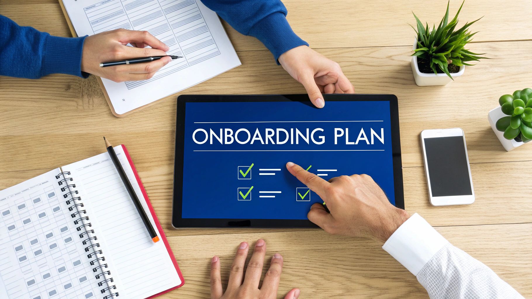 A team collaborating around a table with laptops and charts, planning an implementation strategy for their new PPC software for Amazon.