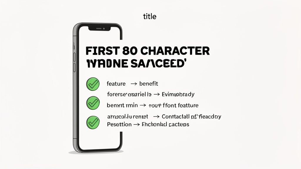 A smartphone showing an 80-character title and feature-benefit lists with green checkmarks.