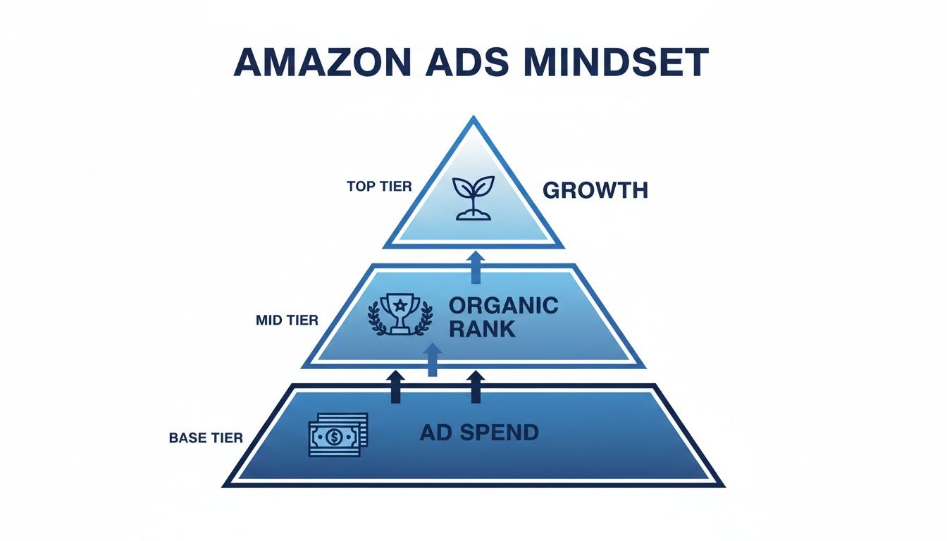 A pyramid diagram illustrating the Amazon Ads Mindset: Ad Spend leads to Organic Rank, which drives Growth.