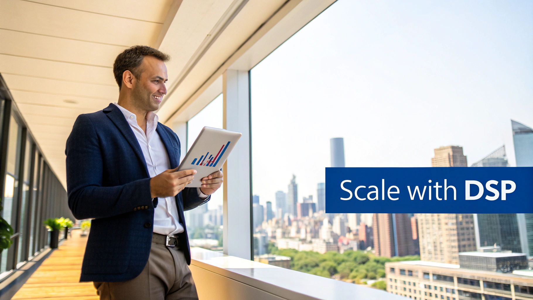 Businessman viewing analytics on a tablet by a window with a city skyline and 'Scale with DSP' text.
